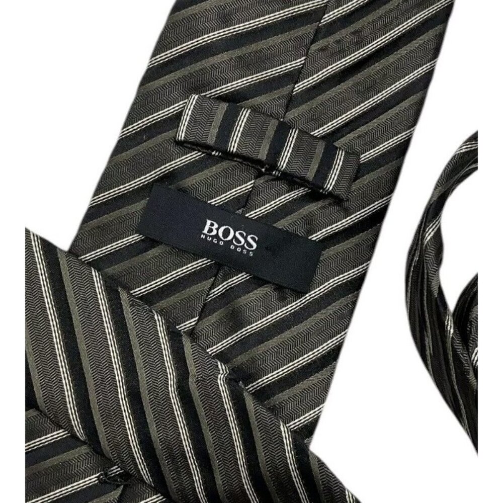 HUGO BOSS Men's 100% Silk Necktie LUXURY Tie Gray Brown Striped W:3.5" EUC - Picture 2 of 4